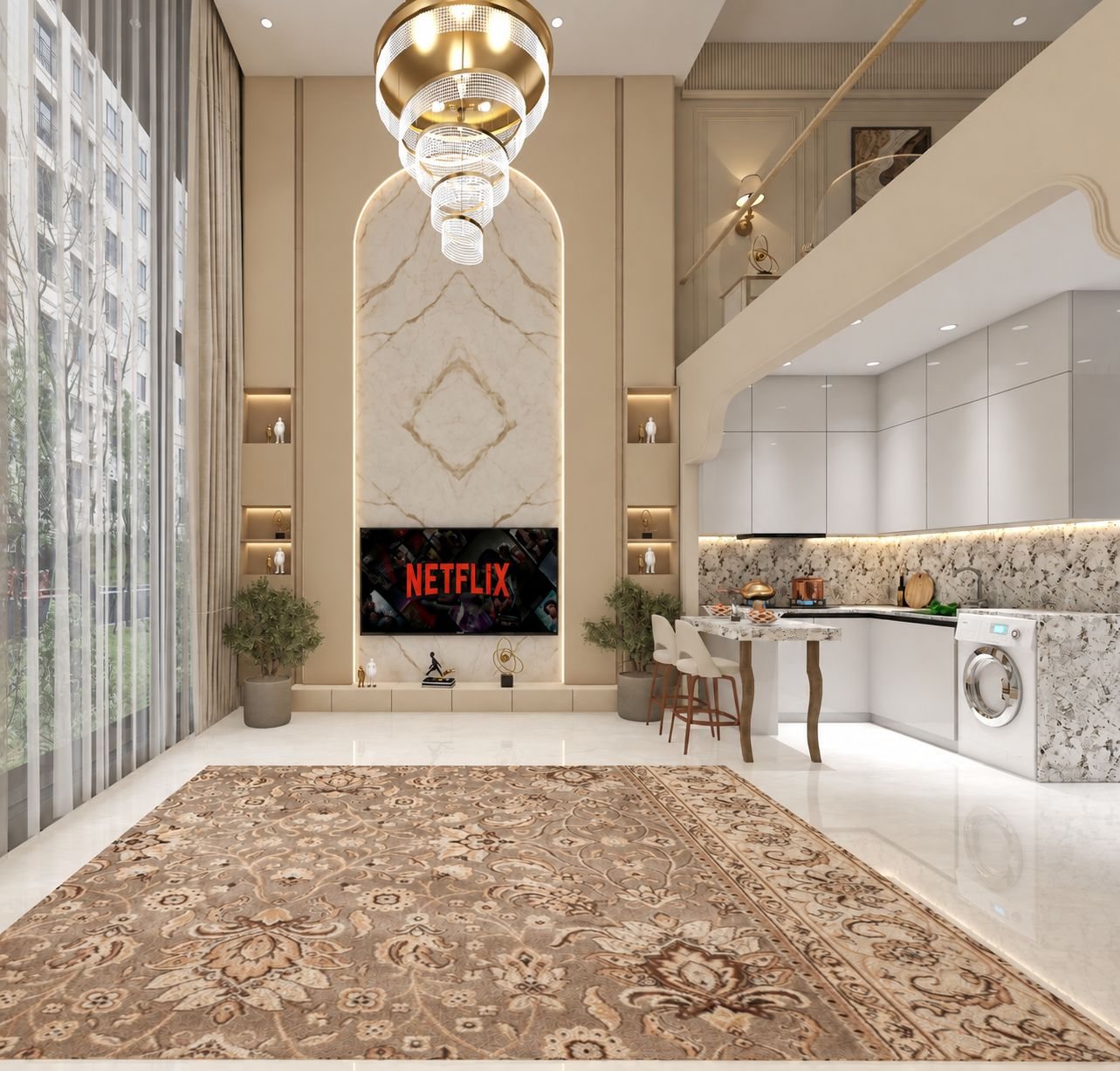 Luxury interior detail with brass pendant and marble console